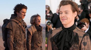 Timothée Chalamet e Rebecca Ferguson em Duna (Foto: Divulgação) e Harry Styles (Foto: Neilson Barnard/Getty Images)