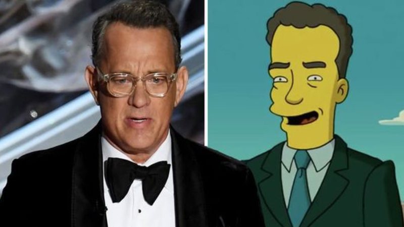 Tom Hanks na cerimônia do Oscar 2020 e em Os Simpsons (foto: reprodução/ Fox)