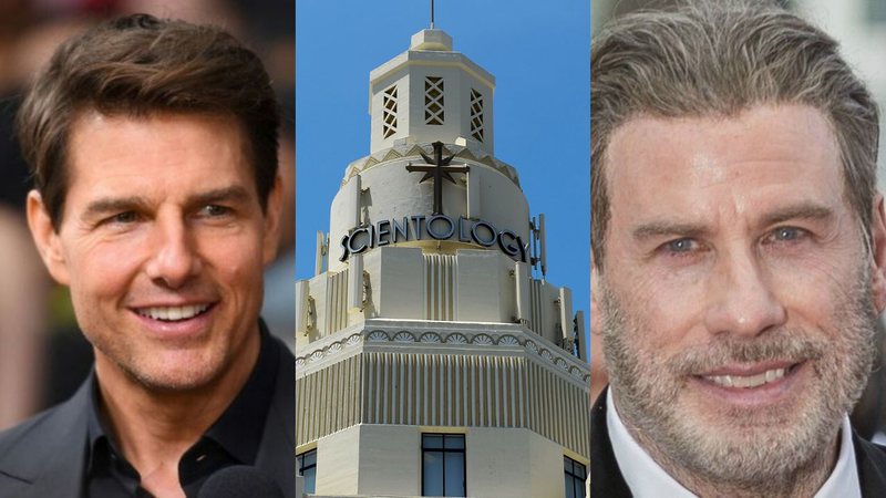 Montagem de Tom Cruise, John Travolta e uma igreja de Cientologia de Los Angeles (Foto 1: Arthur Mola/Invision/AP | Foto  2: Photo by Kevork Djansezian/Getty Images | Foto 3: AFP/Arquivos)