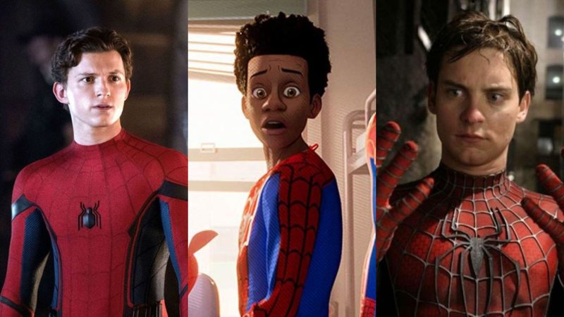 Tom Holland como Homem-Aranha, Homem-Aranha no Aranhaverso e Tobey Maguire como Homem-Aranha (Fotos: Divulgação)