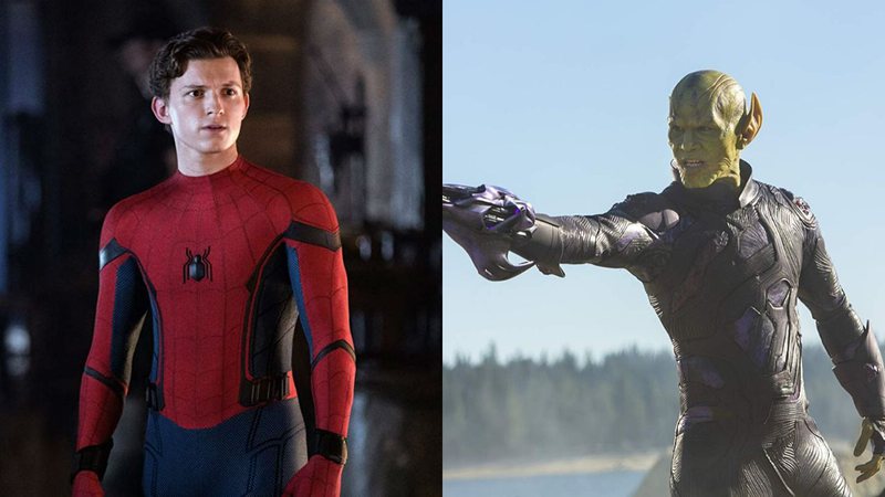 Tom Holland como Homem-Aranha e Ben Mendelsohn como Talos (Foto 1:Jay Maidment | Foto 2: Reprodução/Marvel)