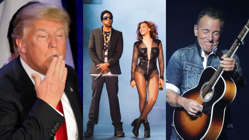 Montagem com Donald Trump (Foto: AP Photo/Jae C. Hong), Beyoncé e Jay-Z (Robin Harper/Parkwood Entertainment/AP Images) e Bruce Springsteen (Brad Barket/Invision/AP)