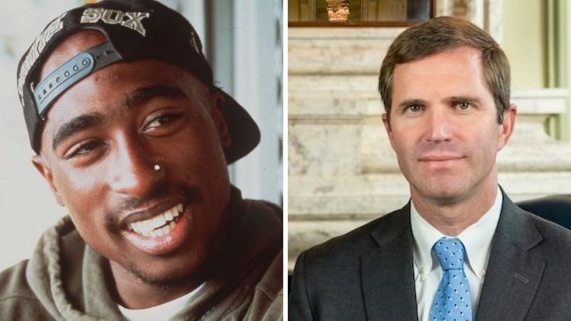 Tupac e Andy Beshear (Foto 1: AP e Foto 2: Divulgação do governo de Kentucky)