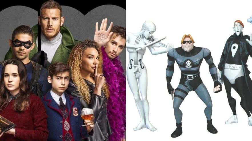 Poster Umbrella Academy da Netflix e desenhos da HQ de Vanya, Diego e Klaus - Reprodução/ Netflix/ Dark Horse