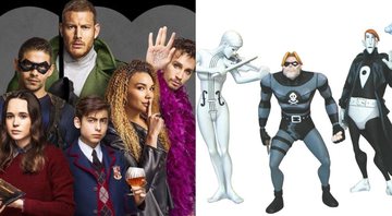 Poster Umbrella Academy da Netflix e desenhos da HQ de Vanya, Diego e Klaus - Reprodução/ Netflix/ Dark Horse