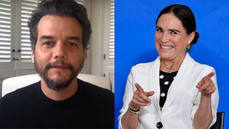 Montagem de Wagner Moura (Reprodução/Youtube) e Regina Duarte (Mateus Bonomi / AGIF / via AP Images)