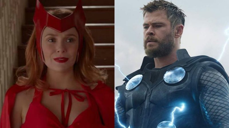 Elizabeth Olsen como Wanda (Foto: Reprodução) | Chris Hemsworth como Thor em cena de Vingadores: Ultimato (Foto 2: Divulgação / Marvel Studios)