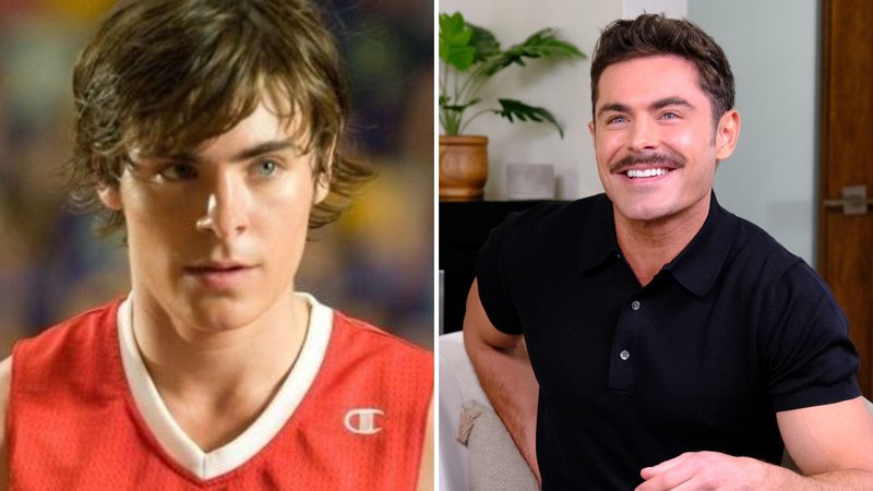 Zac Efron como Troy Bolton (Foto: Reprodução / Disney Channel) e o ator em 2022 (Foto: Joe Scarnici/Getty Images for AT&T)