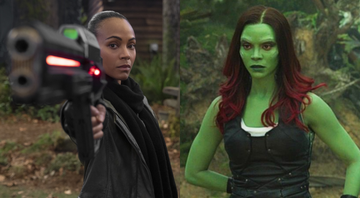 Zoe Saldana em The Adam Project (Foto: Reprodução / Rotten Tomatoes) | Zoe Saldana em Guardiões da Galáxia (Foto: Reprodução / Marvel)