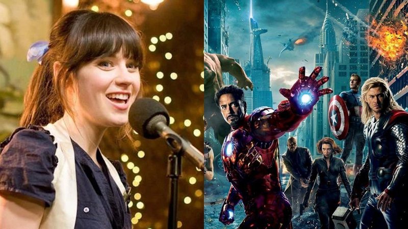 Zooey Deschanel e capa de Vingadores (Fotos: Reprodução /Twitter)