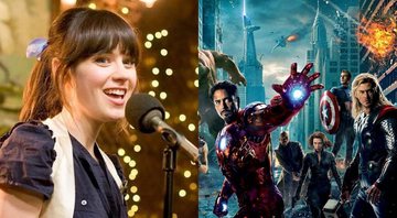 Zooey Deschanel e capa de Vingadores (Fotos: Reprodução /Twitter)