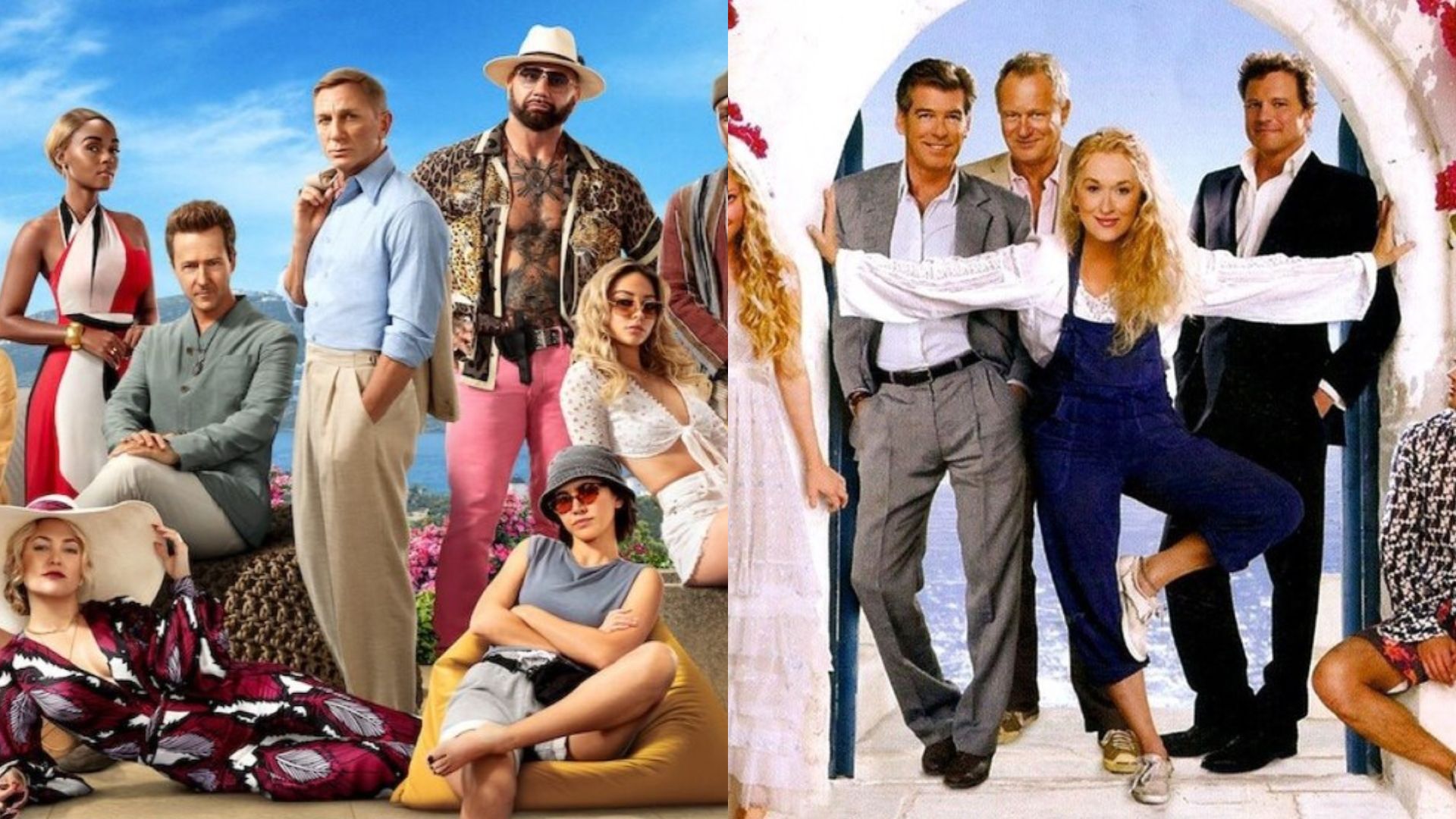 Pôster do filme Glass Onion: Um Mistério Knives Out (Foto: Divulgação/Netflix) e Mamma Mia! (Foto: Divulgação)