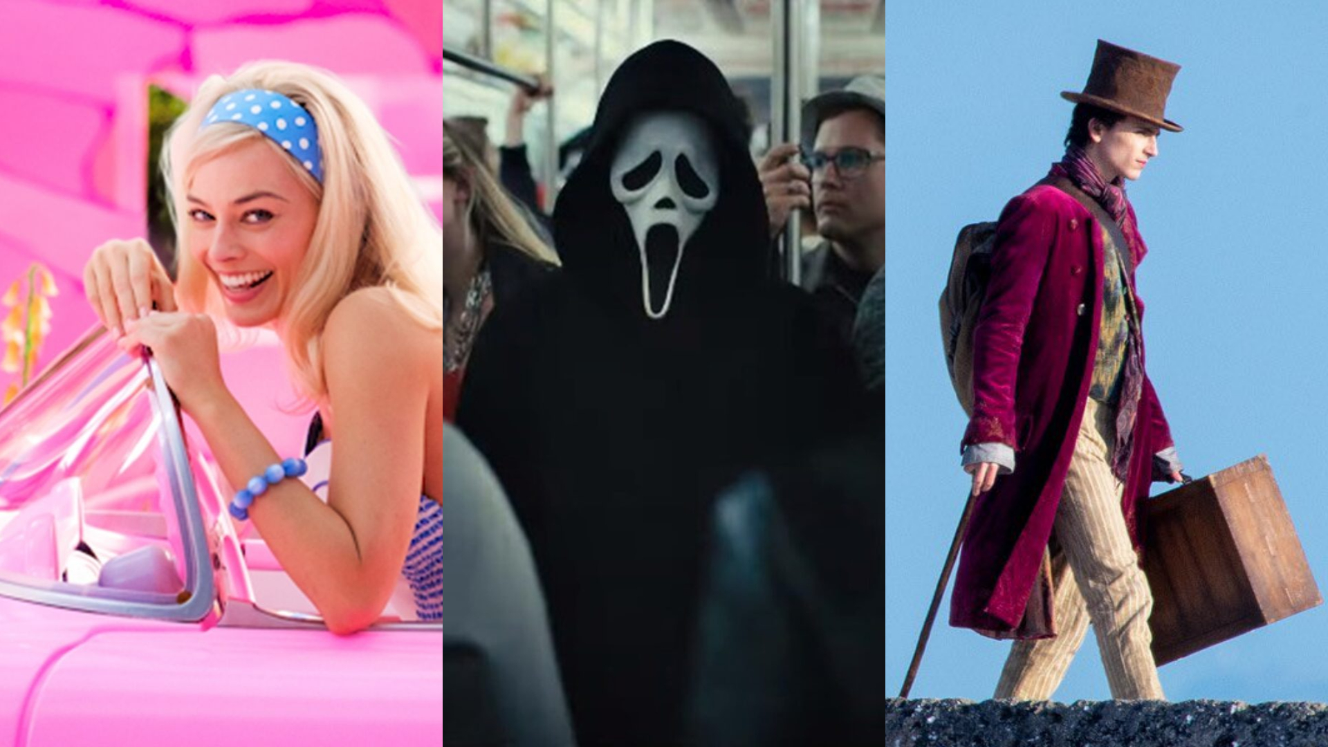 Imagens de divulgação de Barbie, Pânico VI e Wonka (Foto: Divulgação)