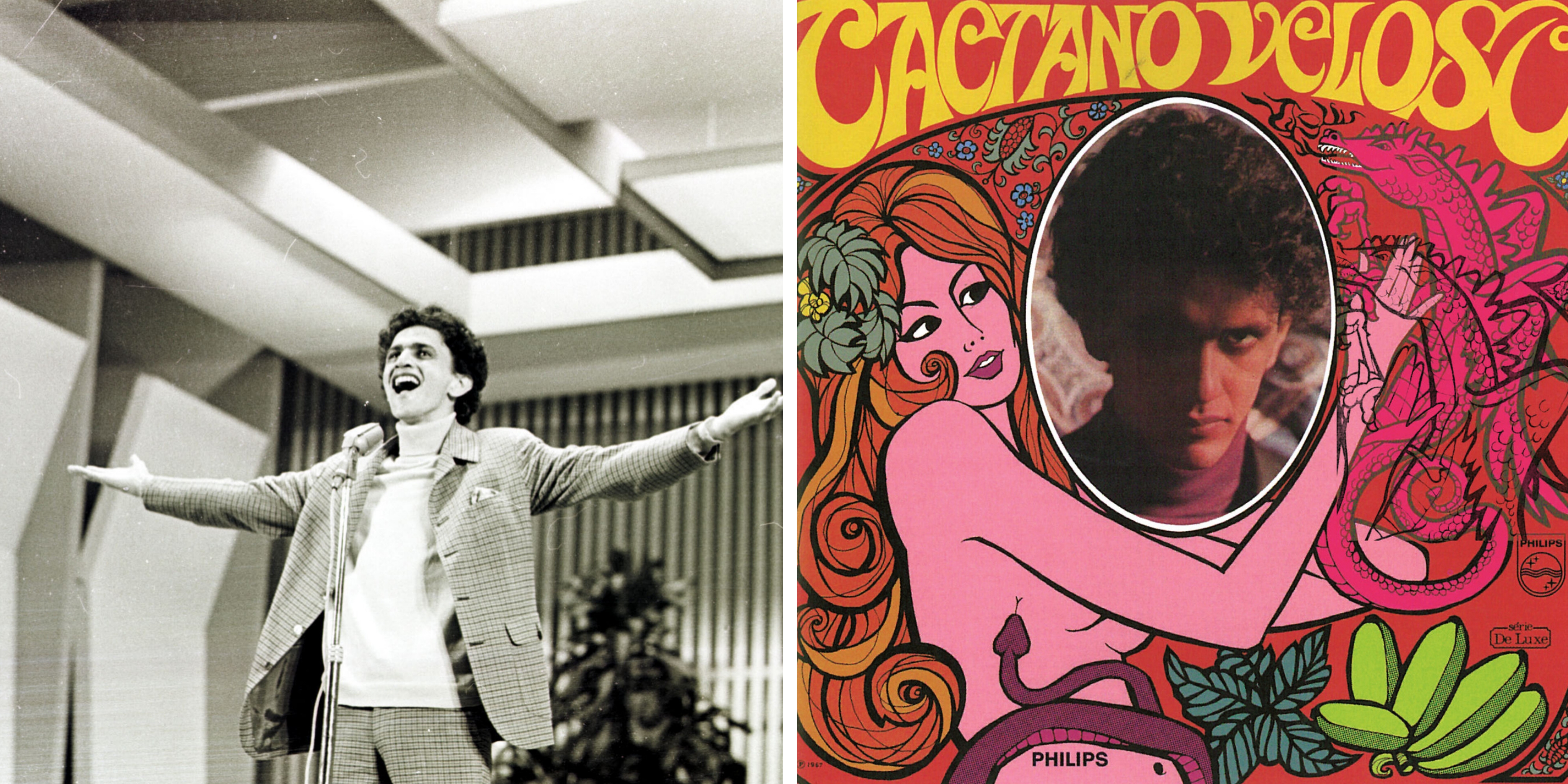 Caetano Veloso no Festival da Record, em 1967, e o disco de estreia solo, de 1968 (Reprodução)