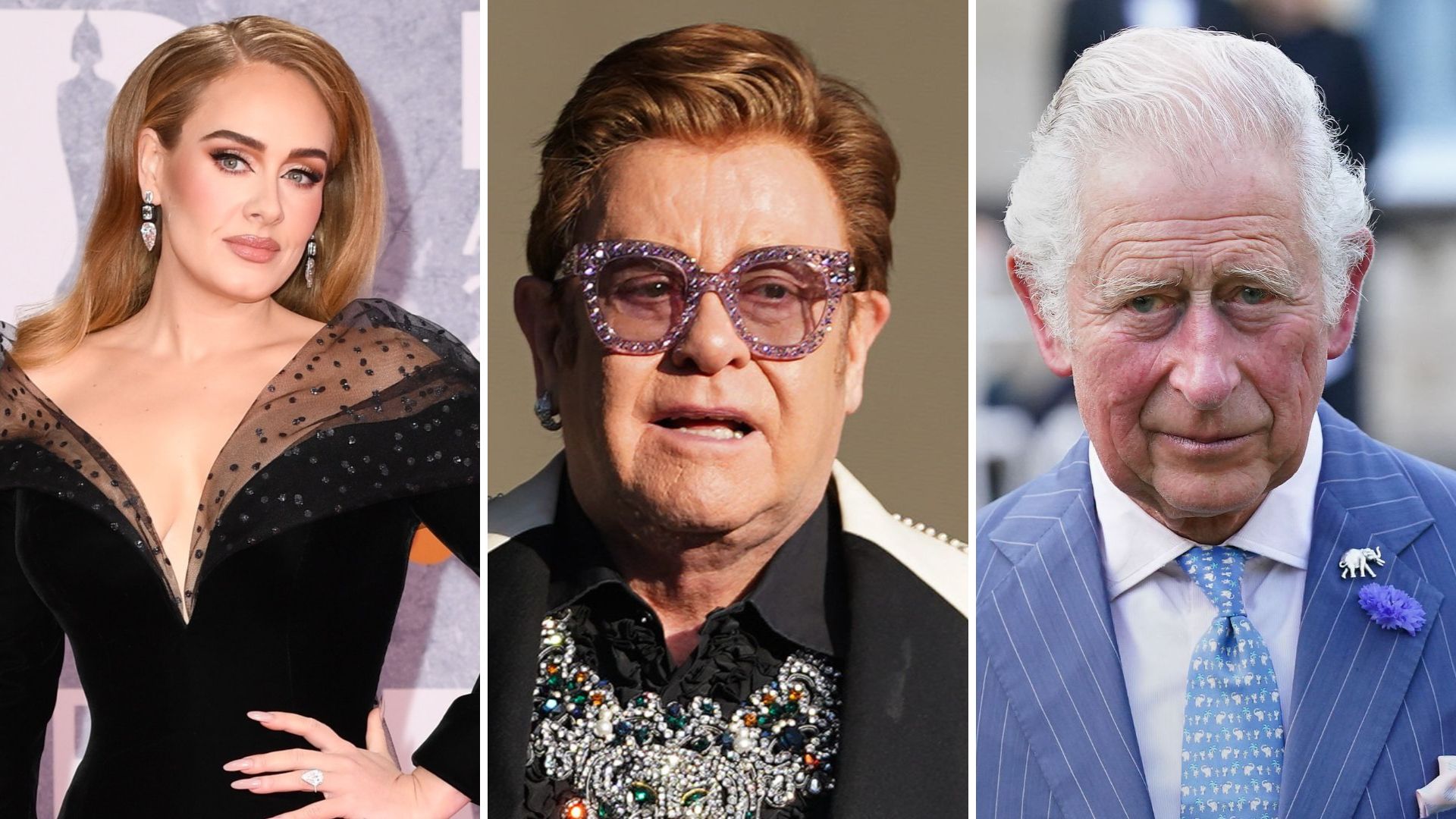 Adele (Foto: Getty Images), Elton John (Foto: Kerry Marshall / Getty Images) e Rei Charles III (Foto: Getty Images)