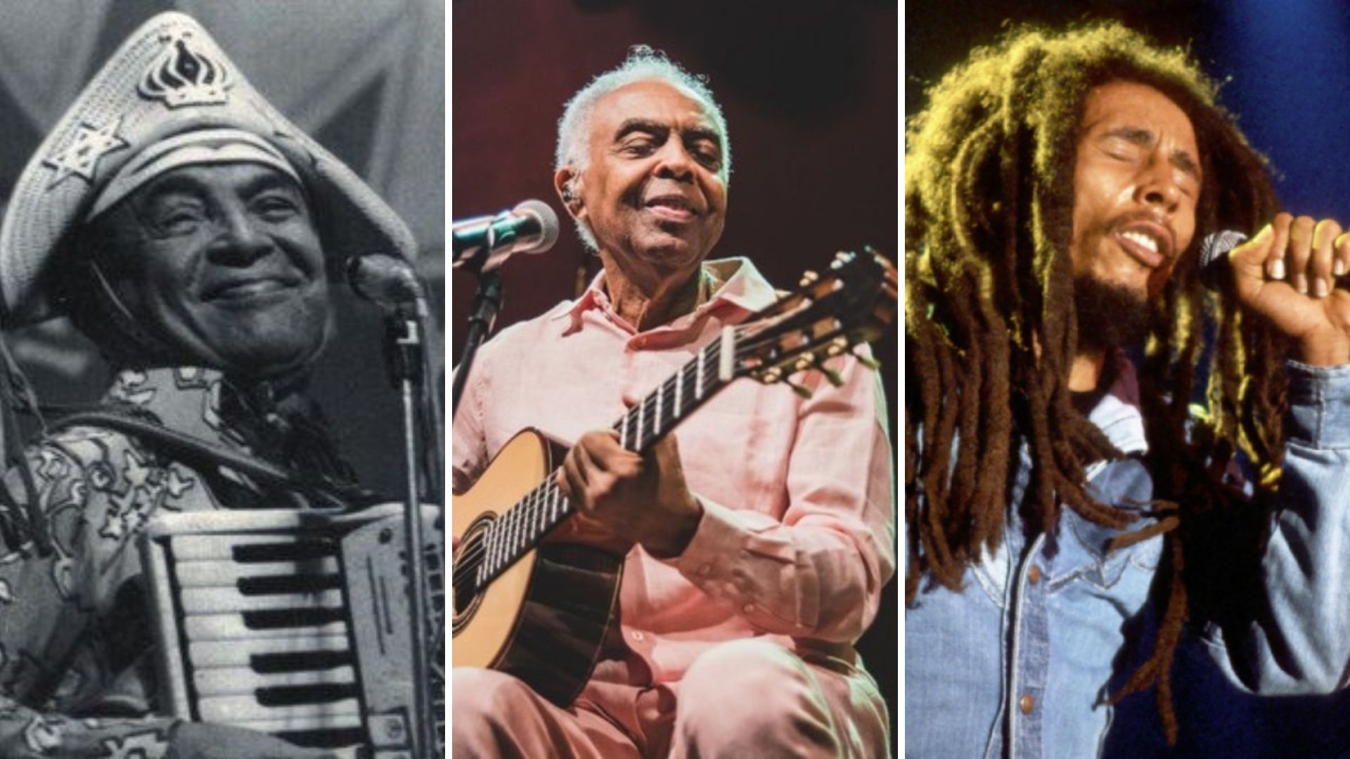 Luiz Gonzaga (Foto: Reprodução/luizluagonzaga.com.br), Gilberto Gil (Foto: Fernanda Tiné) e Bob Marley (Foto: Michael Ochs Archives/Getty Images/Via Rolling Stone EUA)