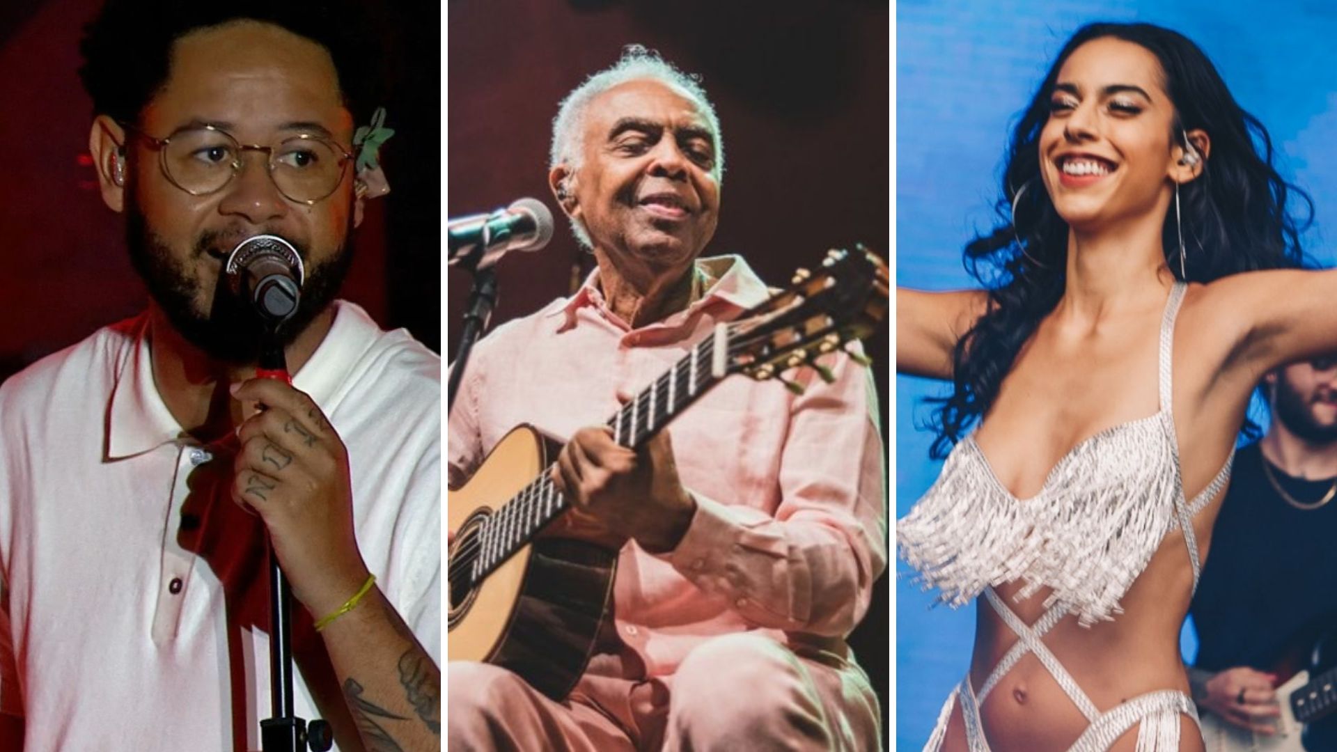 Emicida em show (Foto: Reprodução/Multishow), Gilberto Gil (Foto: Fernanda Tiné) e Marina Sena no Lollapalooza (Foto: Mila)