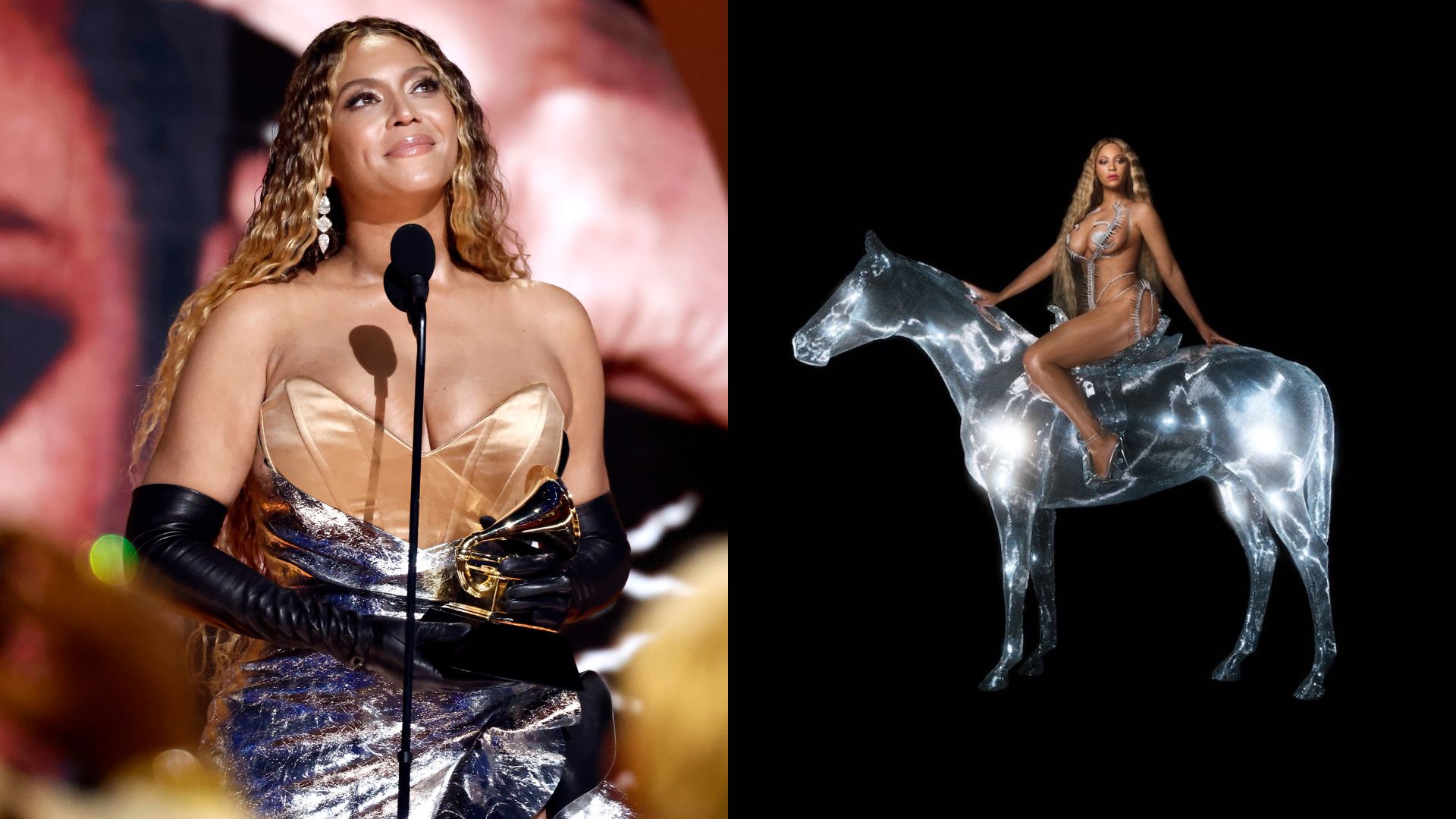 Beyoncé no Grammy 2023 (Foto: Emma McIntyre/Getty Images for The Recording Academy) e capa de Renaissance (Foto: Divulgação)