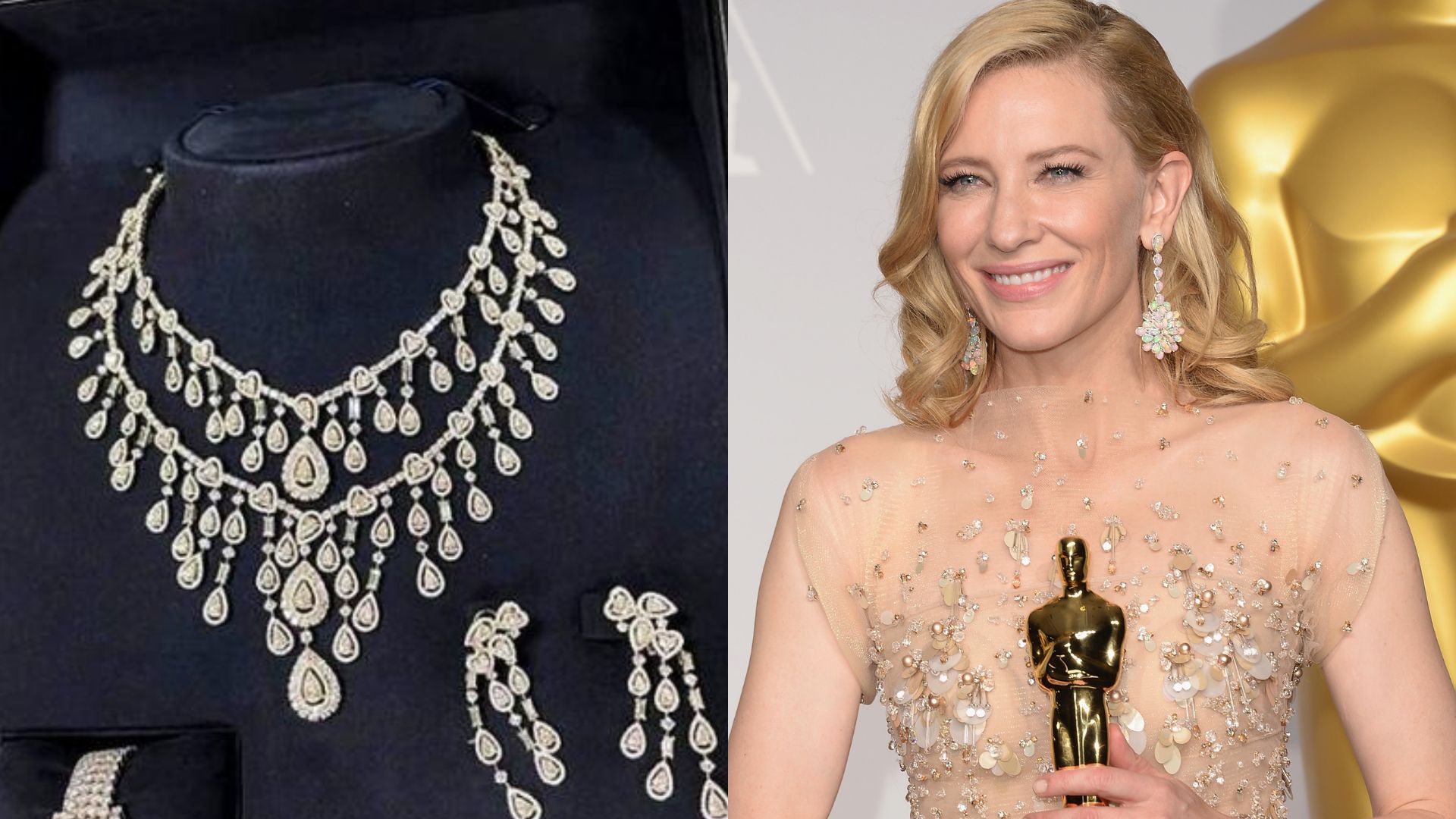Joias de Michelle Bolsonaro (Foto: reprodução/Paulo Pimenta no Twitter/Uol) Cate Blanchett no Oscar em 2014 (Kevin Winter/Getty Images)