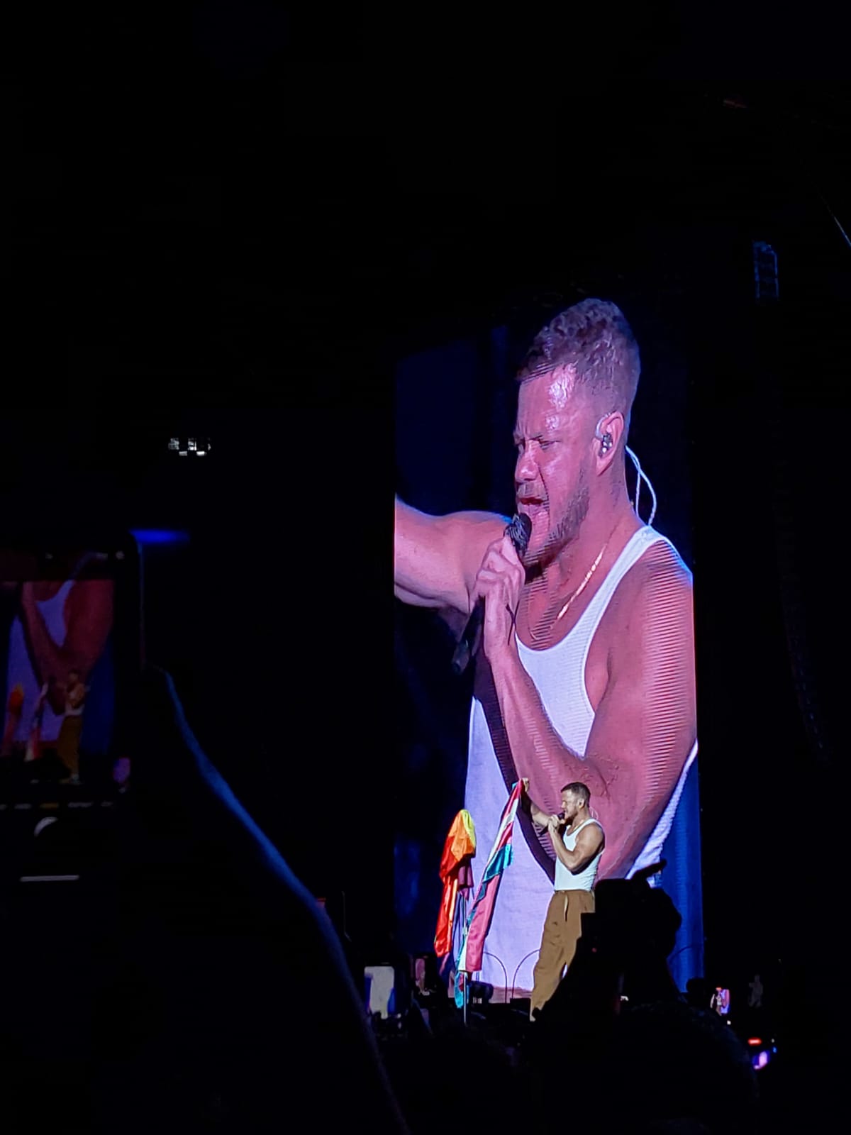 Vocalista do IMagine Dragons com a bandeira trans durante show no Brasil