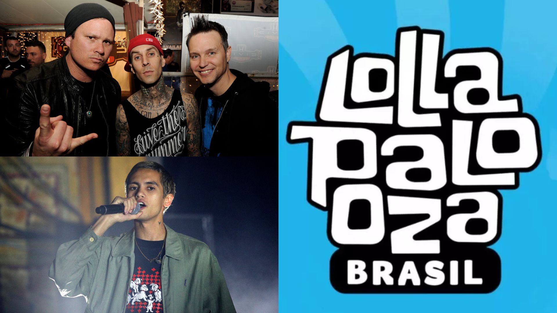 Blink-182 (Foto: Kevin Winter/Getty Images), Dominic Fike (Foto: Graham Denholm/Getty Images) e logo do Lollapalooza Brasil (Foto: Divulgação)