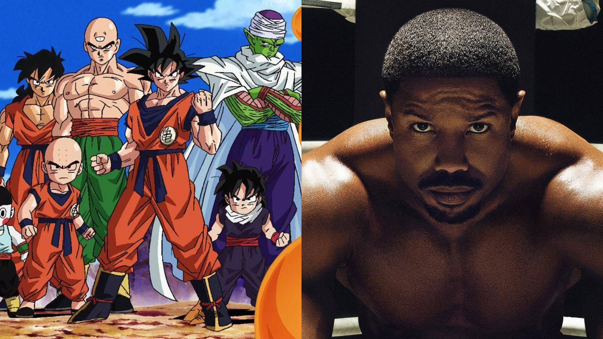 Personagens de Dragon Ball Z (Foto: Reprodução/Fuji Network System) e Michael B. Jordan em Creed 3 (Foto: Divulgação)
