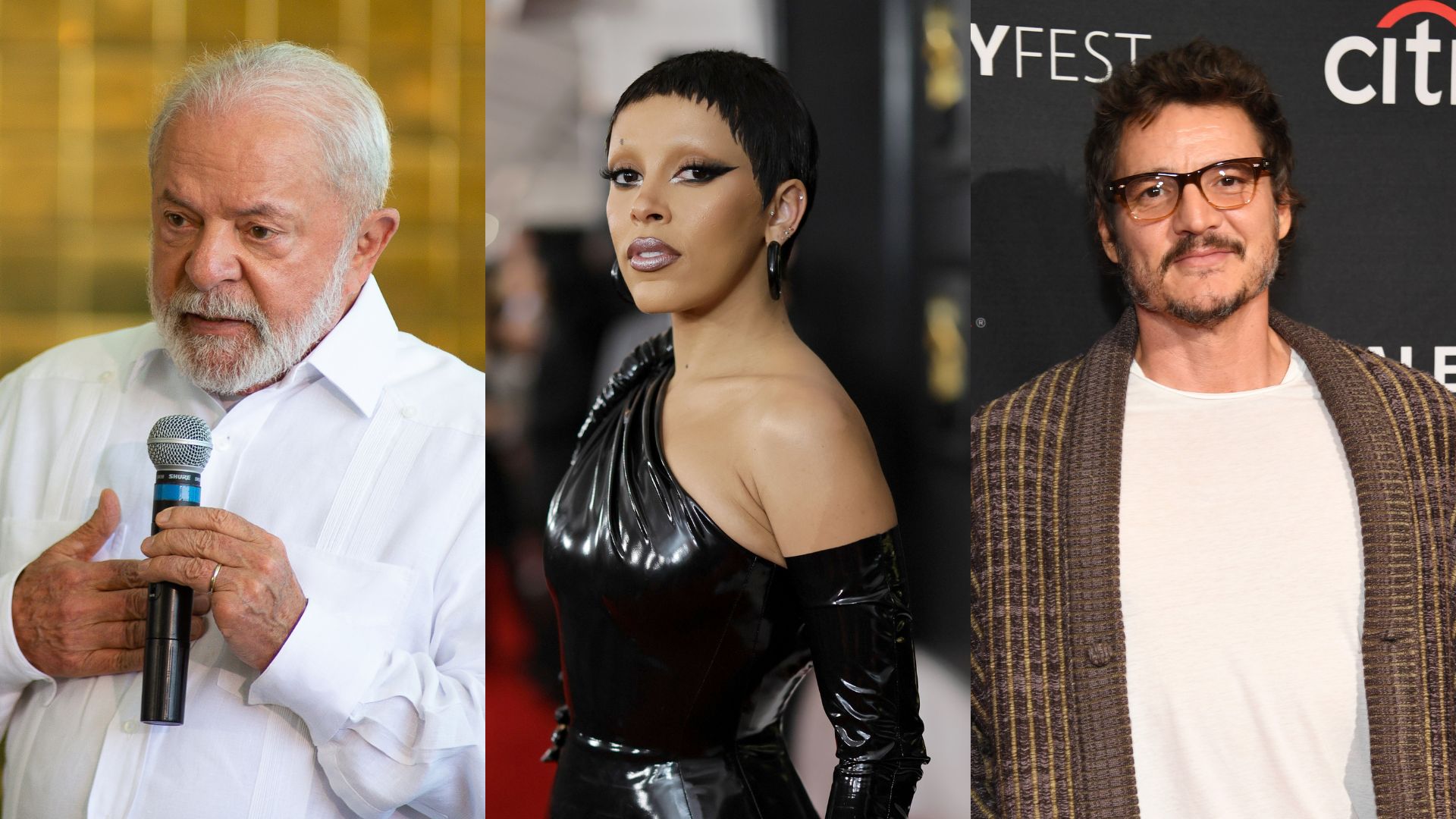 Lula (Foto: Andressa Anholete/Getty Images), Doja Cat (Foto: Neilson Barnard/Getty Images for The Recording Academy) e Pedro Pascal (Foto: Jon Kopaloff/Getty Images)