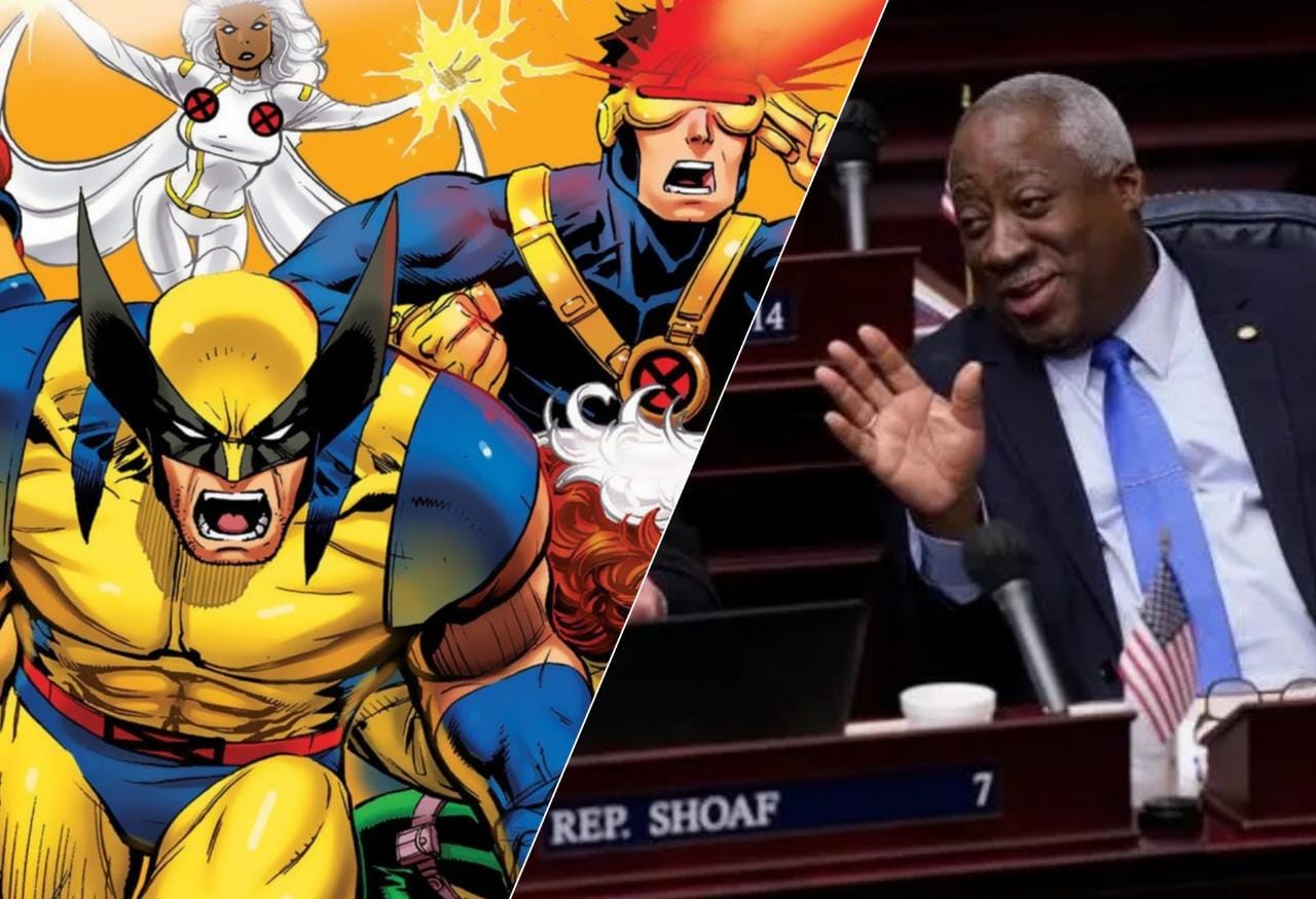 Deputado Webster Barnaby (dir.) tenta atacar pessoas trans comparando-as a heróis da saga X-Men (esq.) (Reprodução)