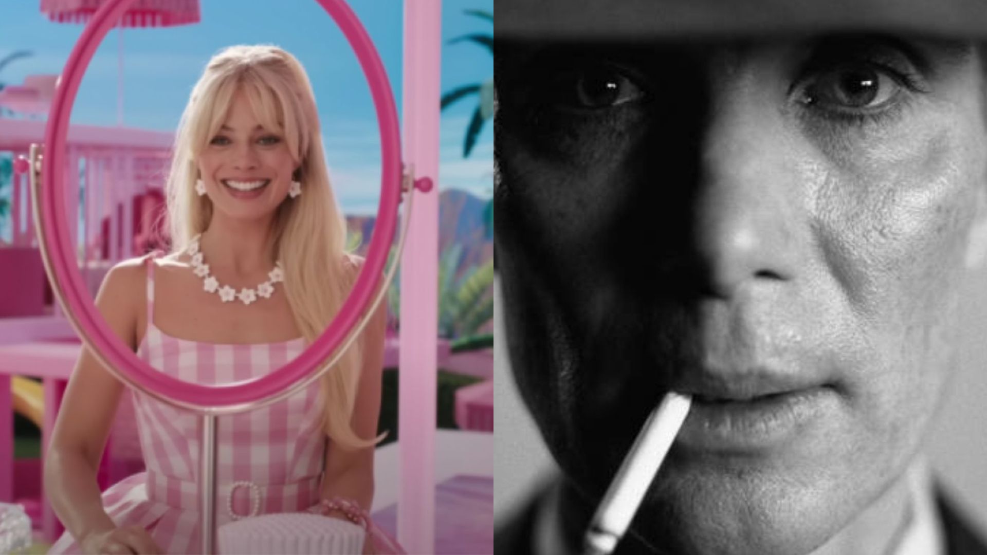 Cillian Murphy em Oppenheimer (Foto: Divulgação/Universal Studios) e Margot Robbie como Barbie (Foto: Reprodução/Warner)