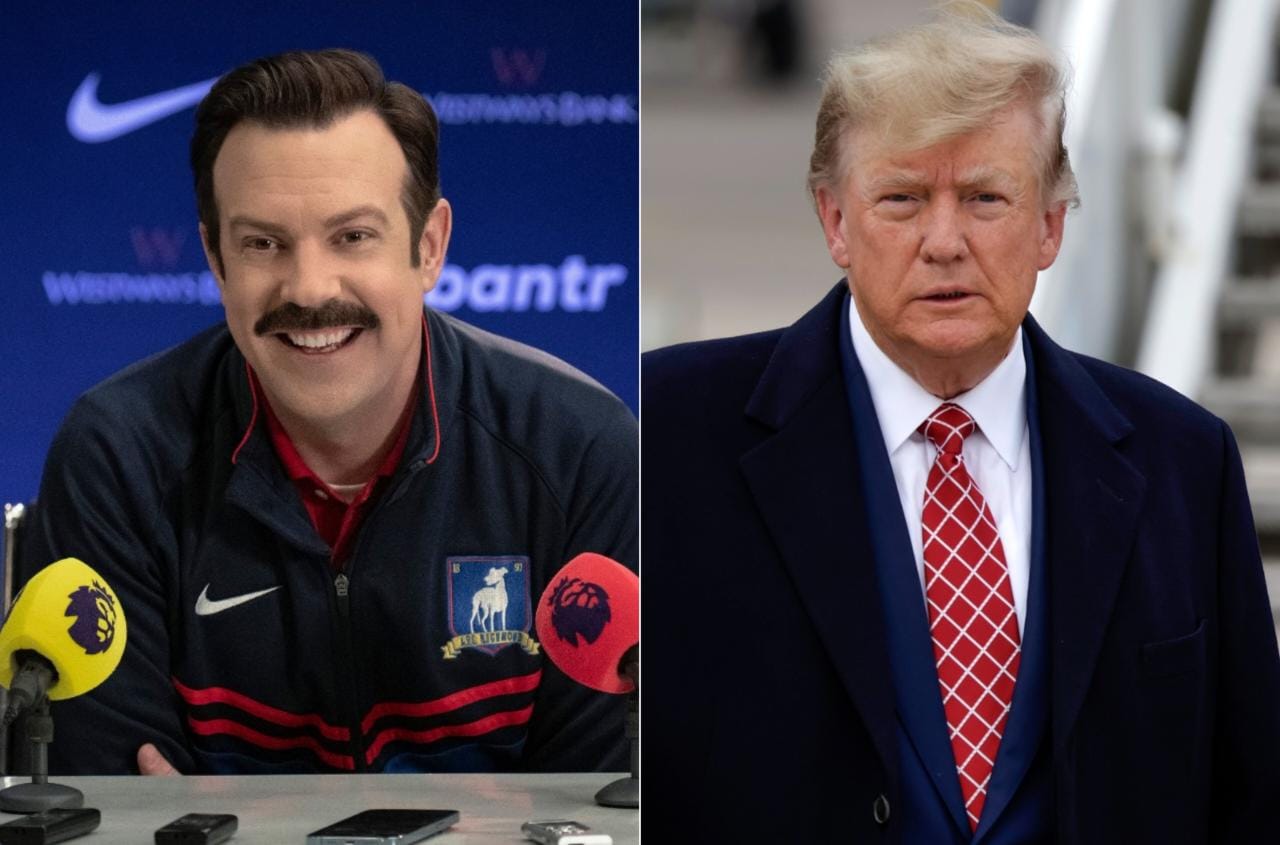 Ted Lasso, de Jason Sudeikis, e Donald Trump (Reprodução/Getty Images)