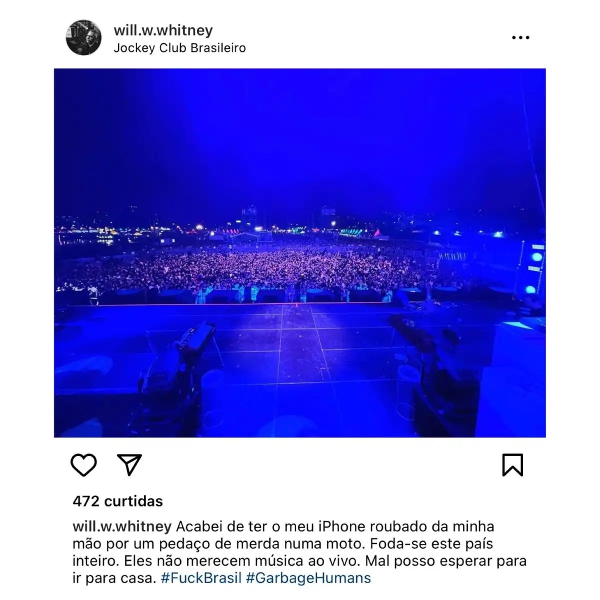 Print via Instagram de Will Whitney antes de ter seu perfil desativo