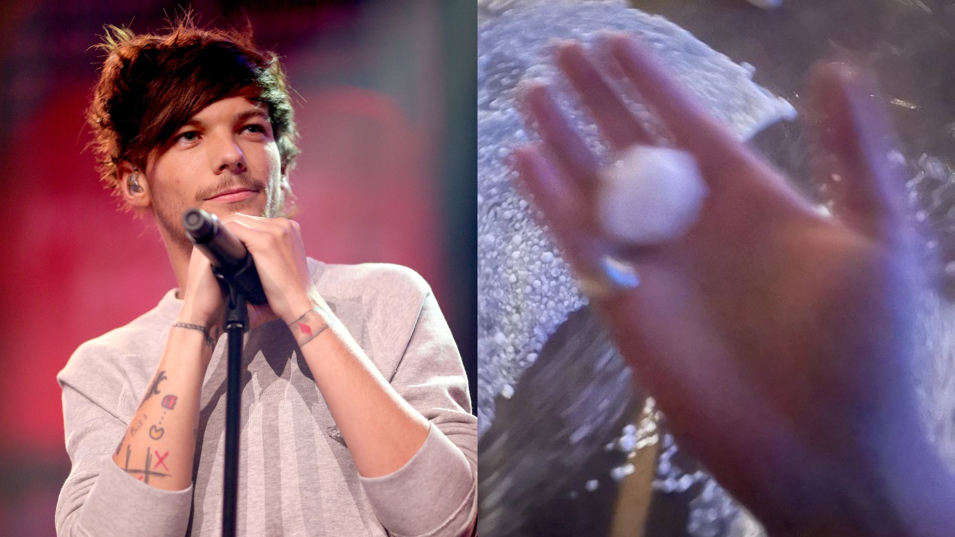 Louis Tomlinson (Foto: Christopher Polk/Getty Images for Clear Channel) e registro da chuva de granizo antes de show (Foto: Reprodução/Twitter)