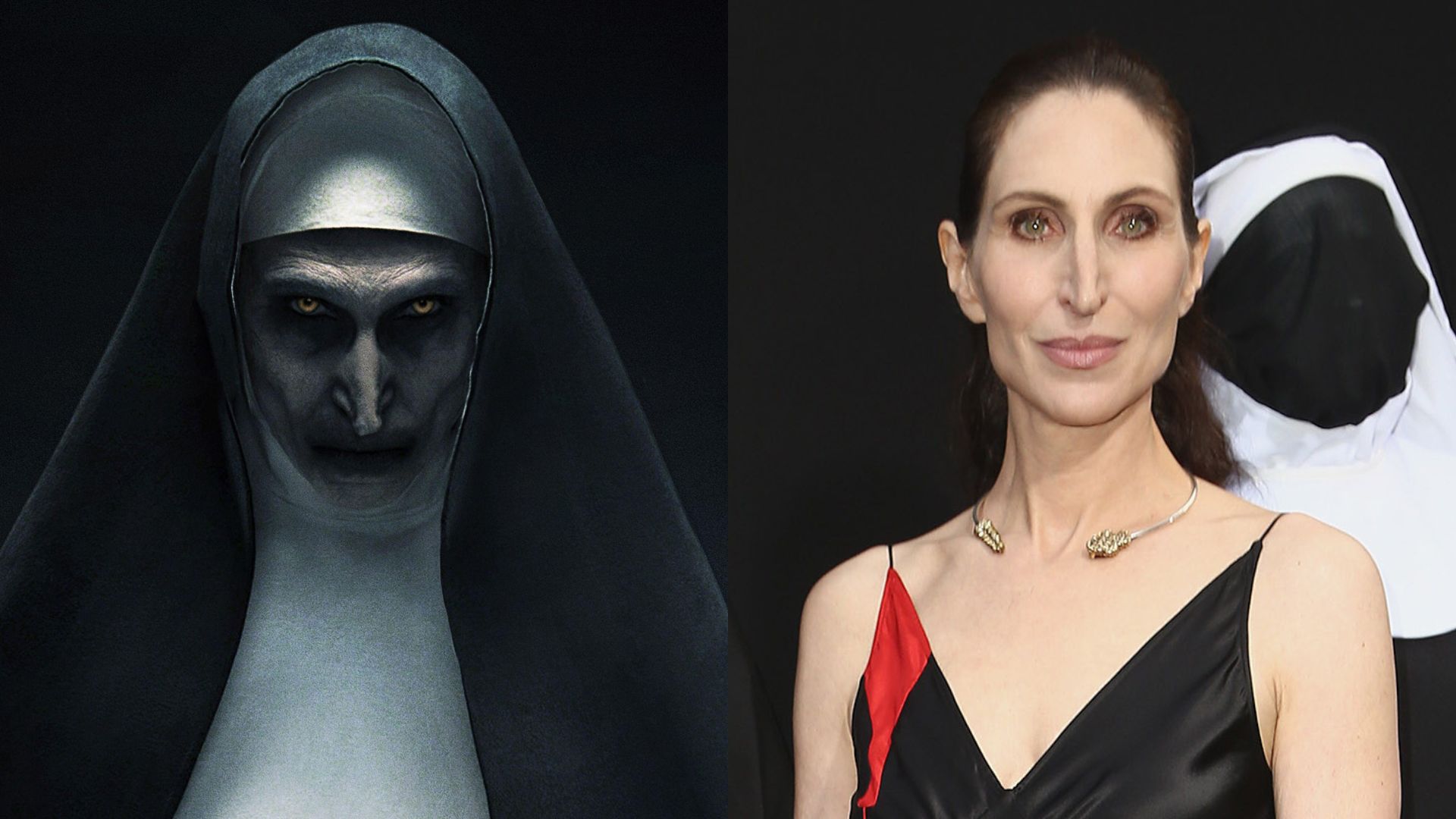 Bonnie Aarons como A Freira (Foto: Divulgação) e atriz em tapete vermelho (Foto: Tommaso Boddi/Getty Images)