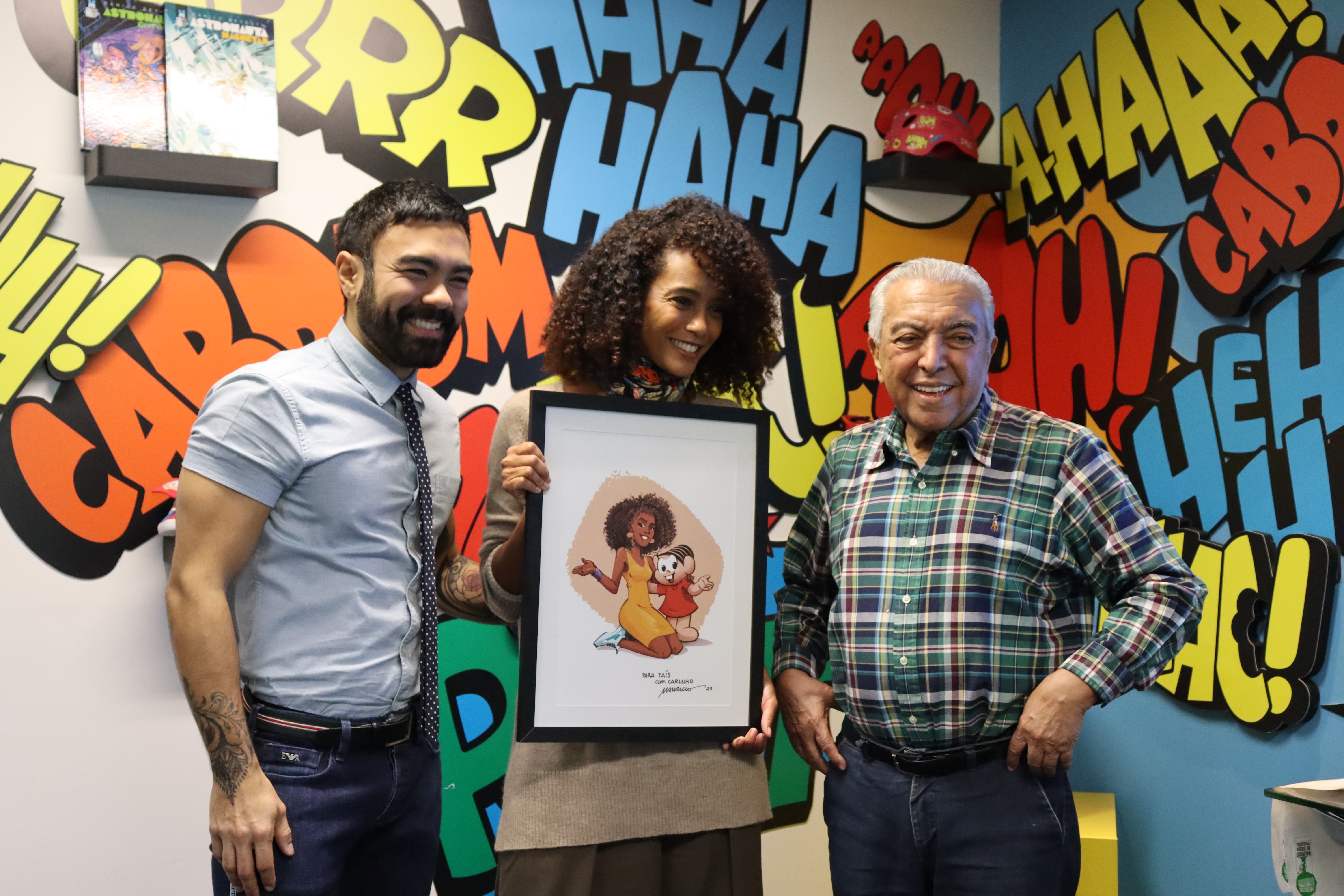 Mauro Takeda de Sousa, Taís Araújo e Mauricio de Sousa (Divulgação)