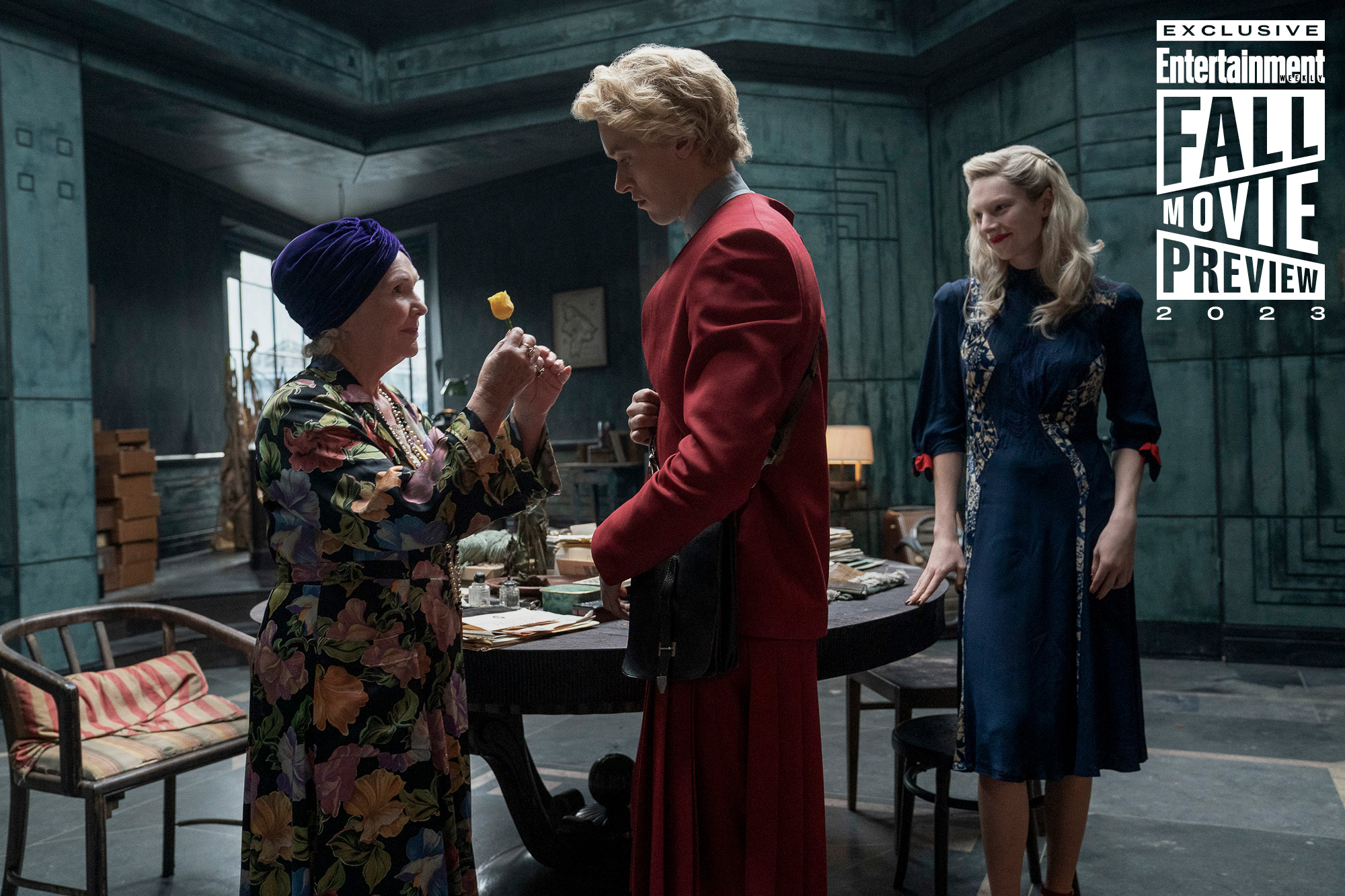 Fionnula Flanagan as grandma'am, Tom Blyth as Coriolanus Snow, and Hunter Schafer as Tigris