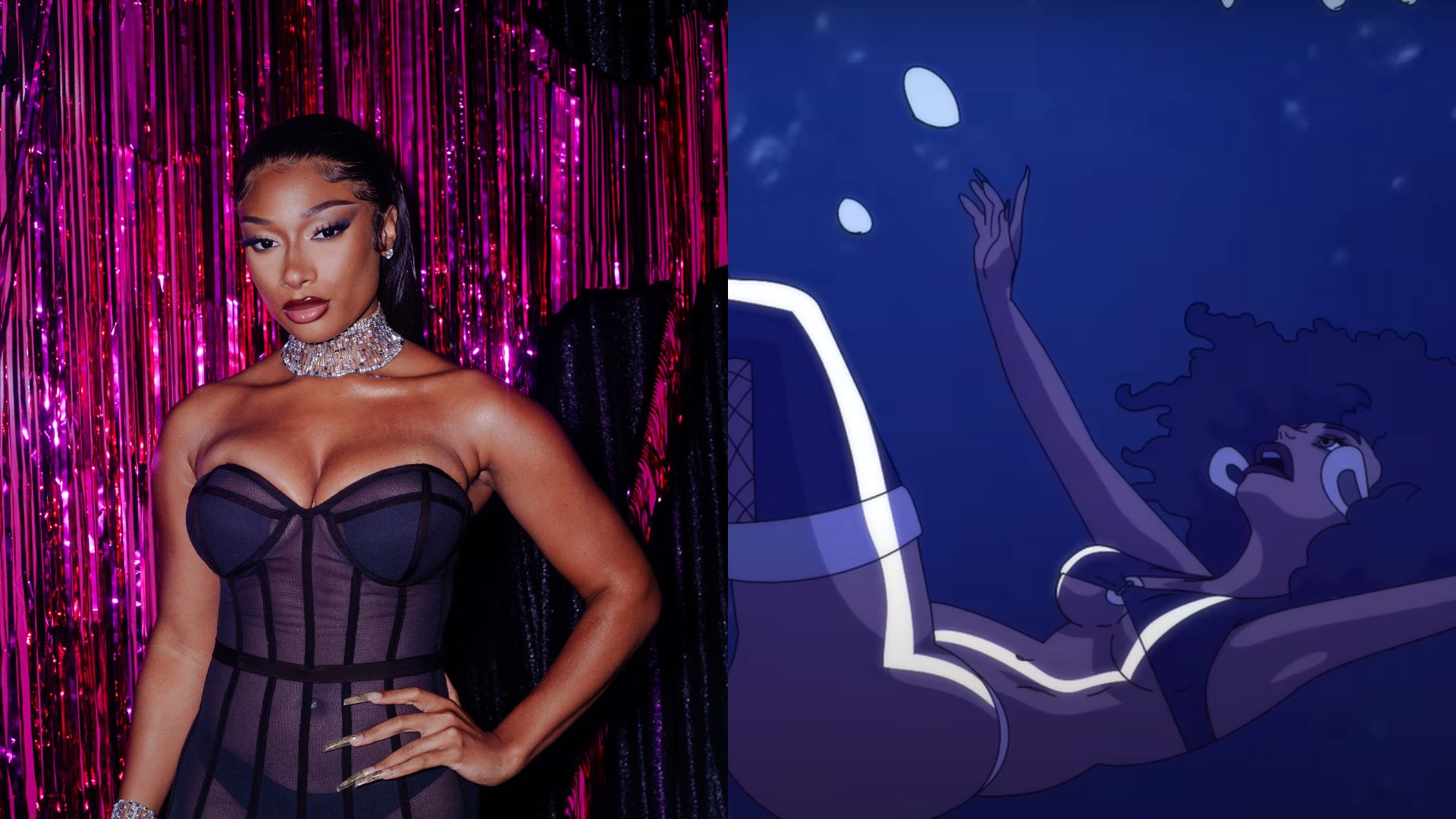 Megan Thee Stallion (Foto: Catherine Powell/Getty Images) e videoclipe de 'Anxiety' (Foto: Reprodução)