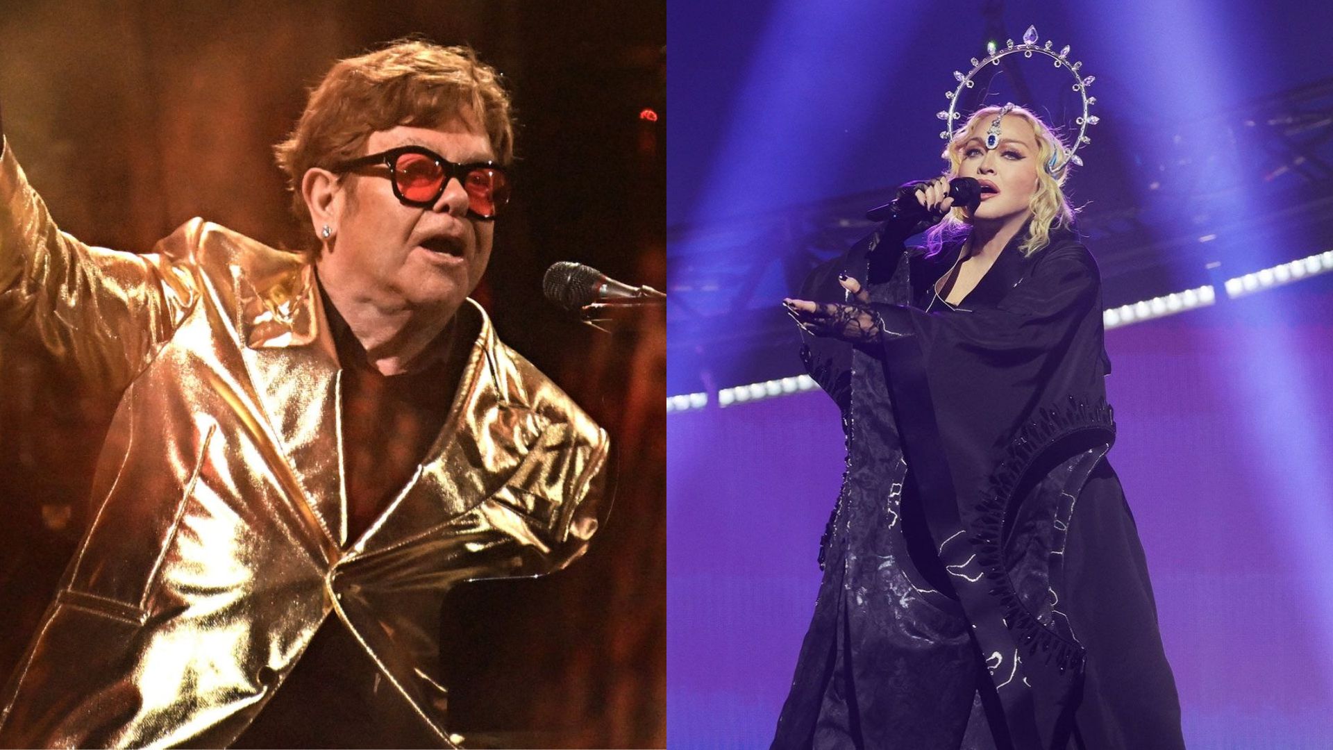 Elton John (Foto: Leon Neal/Getty Images) e Madonna na 'Celebration Tour' (Foto: Kevin Mazur/Getty Images)