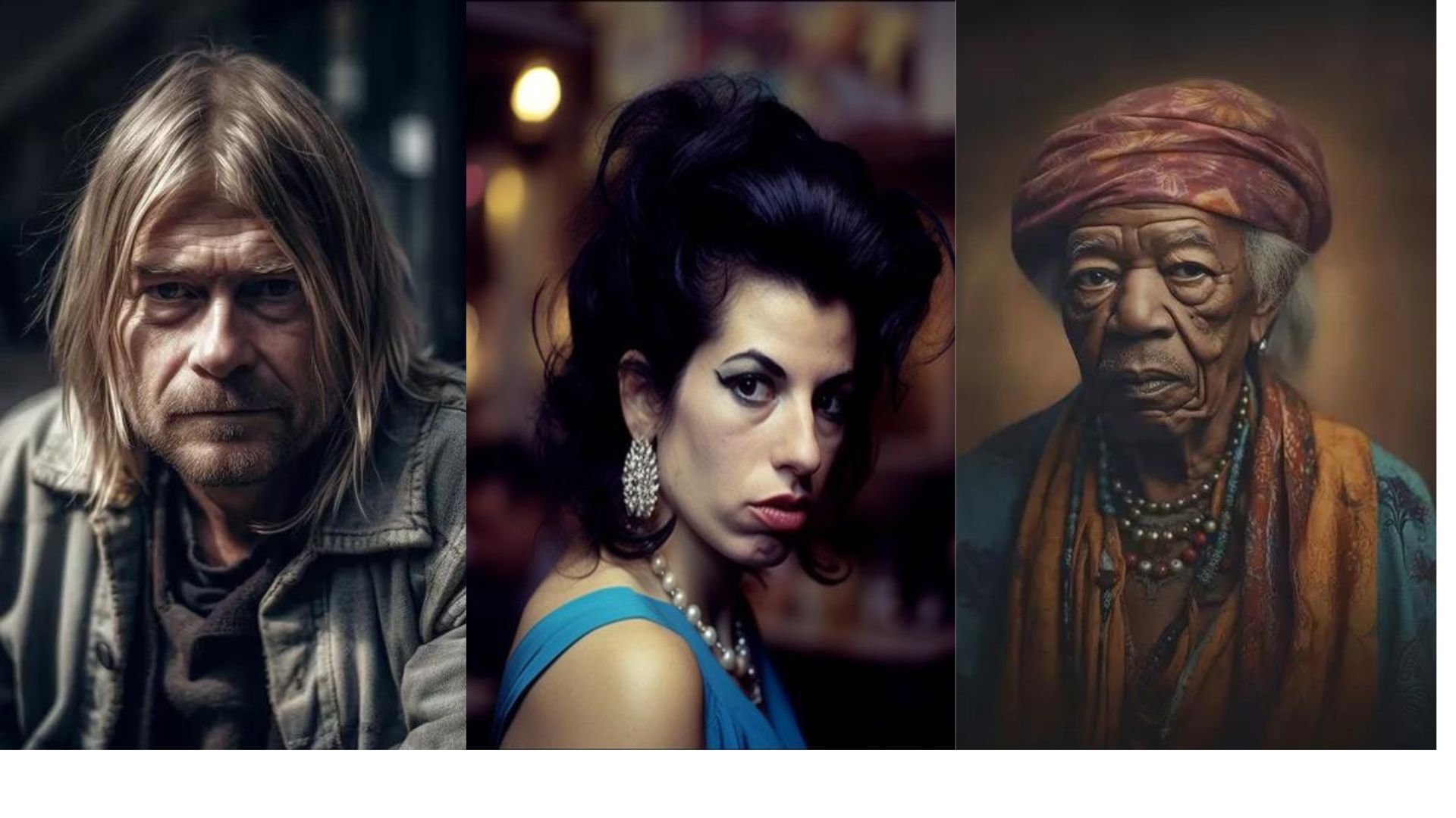 Kurt Cobain, Amy Winehouse e Jimi Hendrix em representações feitas por IA(Imagens: Midjourney)
