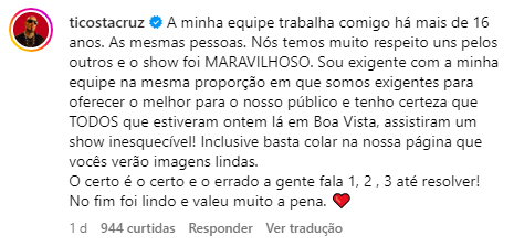 Comentário de Tico Santta Cruz (Reprodução/Instagram)