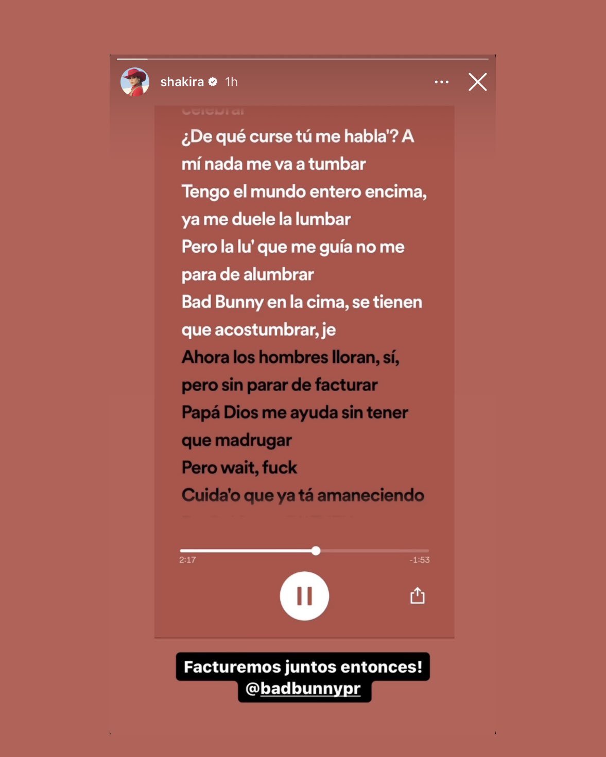 Stories de Shakira comentando sobre 'LOS PITS', de Bad Bunny