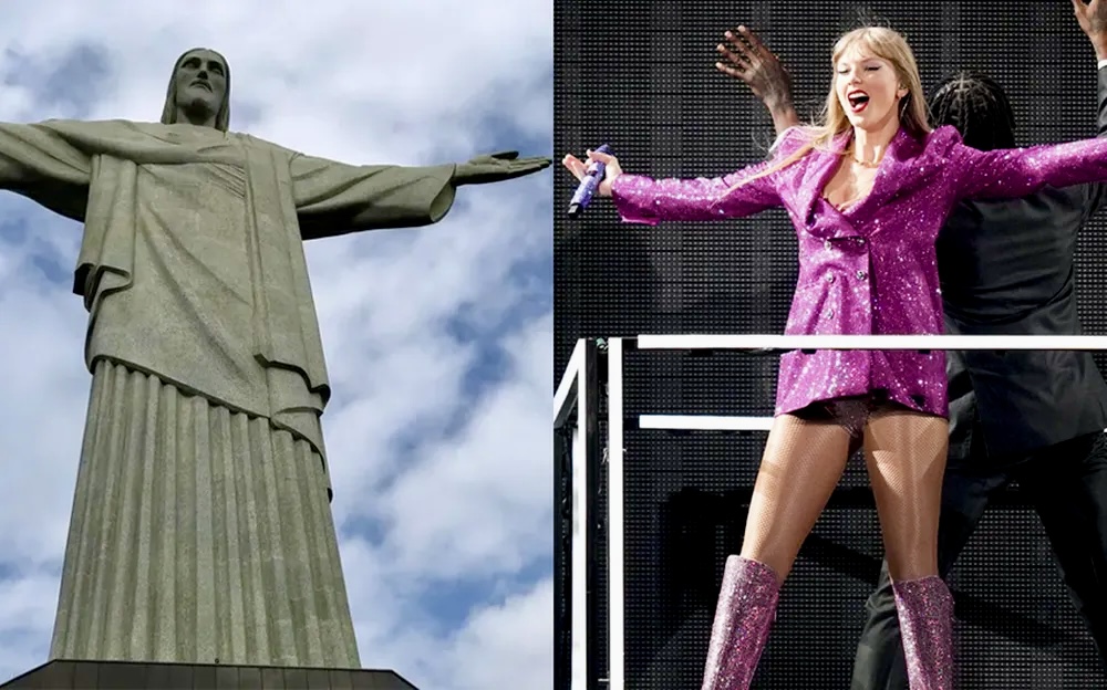 Cristo Redentor e Taylor Swift (Foto: Henrique Coelho/g1 e Natacha Pisarenko/AP)