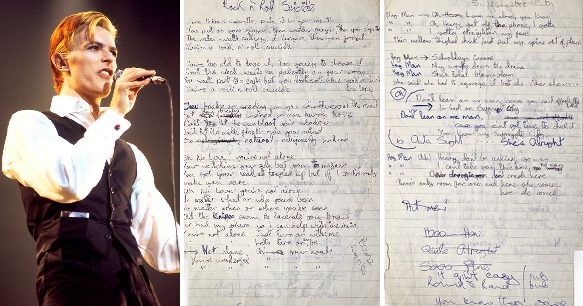 Manuscritos de David Bowie vão a leilão no Reino Unido (Getty Images/Omega Auctions/Reprodução Virgin Radio UK)