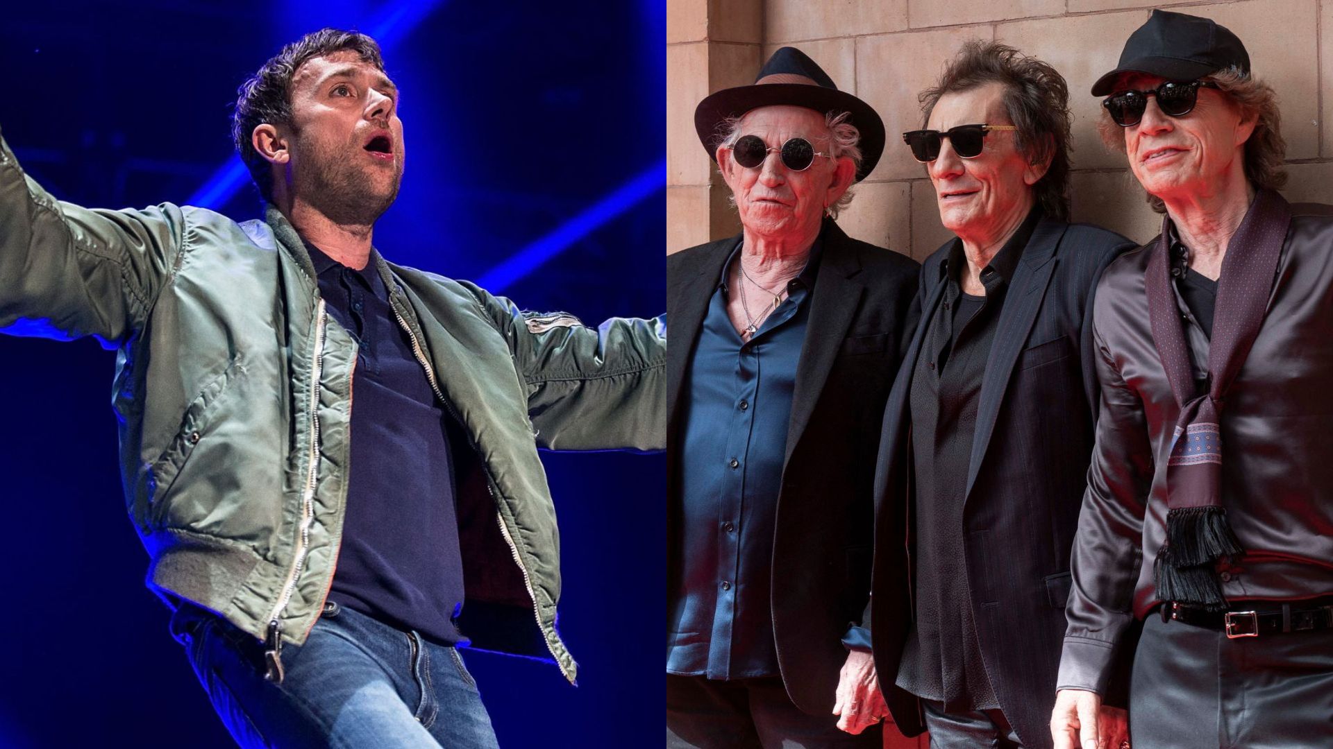 Damon Albarn em show do Blur (Foto: Cassandra Hannagan/Getty Images) e Rolling Stones (Foto: Stuart C. Wilson/Getty Images)