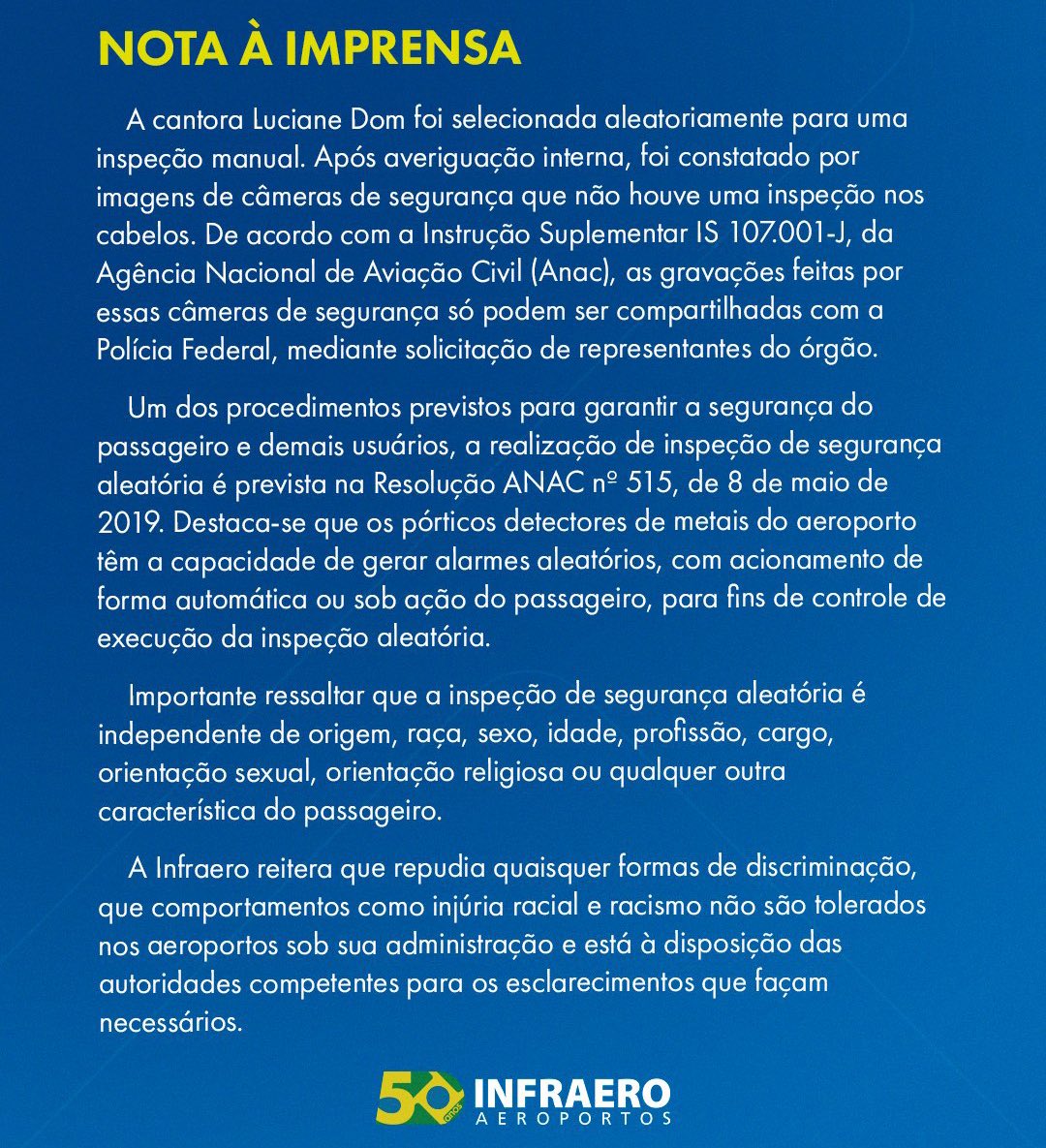Nota de Imprensa da INFRAERO sobre Luciene Dom
