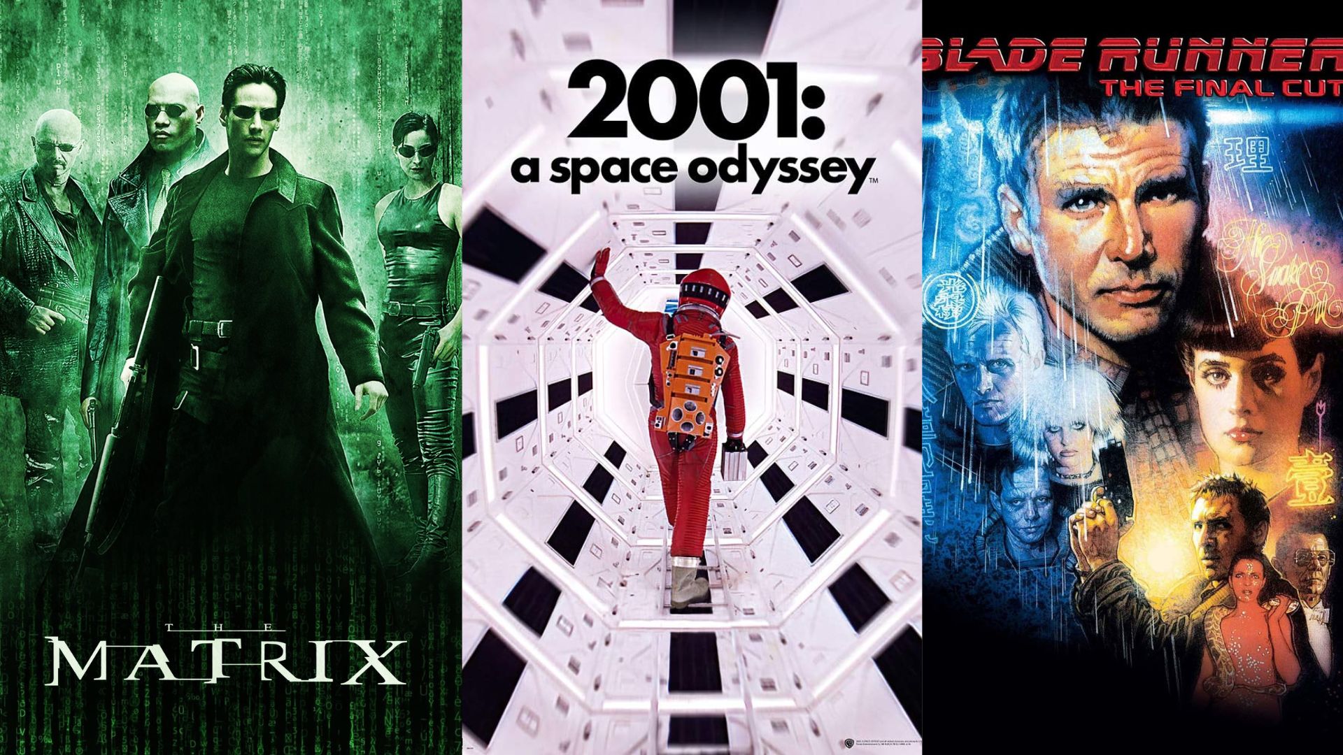 Pôsteres de 'Matrix', '2001: Uma Odisseia no Espaço' e 'Blade Runner - O Caçador de Androides' (Fotos: Reprodução)