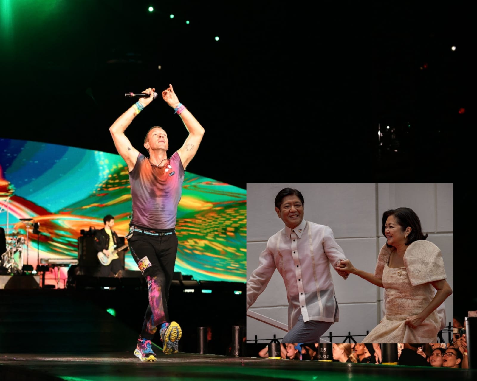 Presidente das Filipinas, Ferdinand Marcos Jr. e a esposa, Liza Marcos, são criticados por irem a show do Coldplay (à esq.) de helicóptero presidencial (Getty Images)