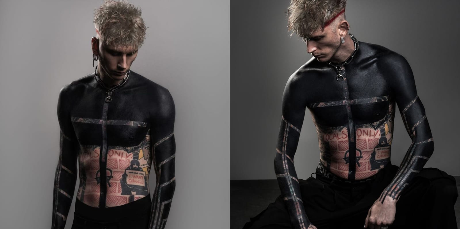 Machine Gun Kelly cobre parte das tatuagens (Reprodução/Roxx)