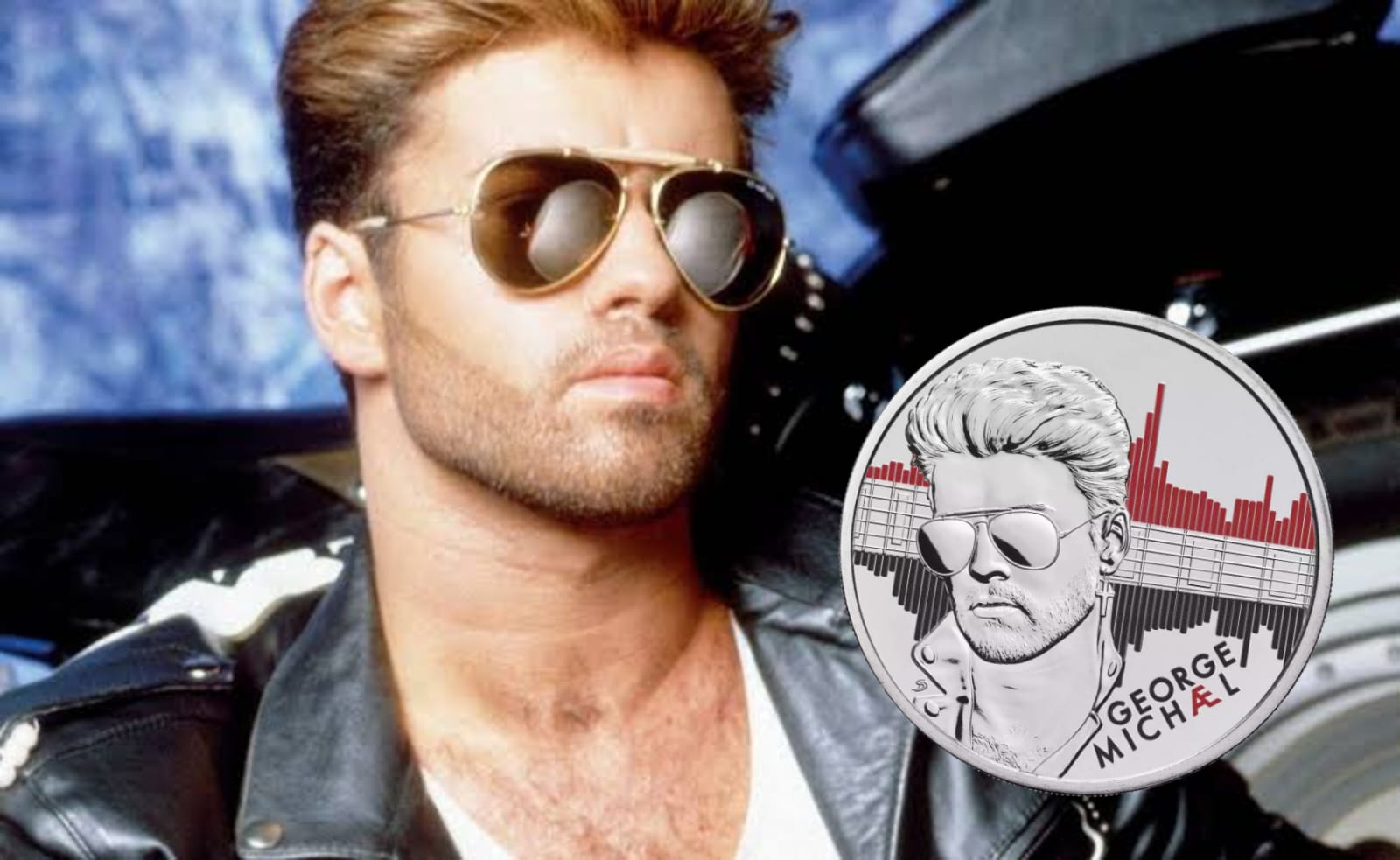 George Michael em "Faith" e a moeda aprovada no Reino Unido (Divulgação/The Royal Mint/Mega)