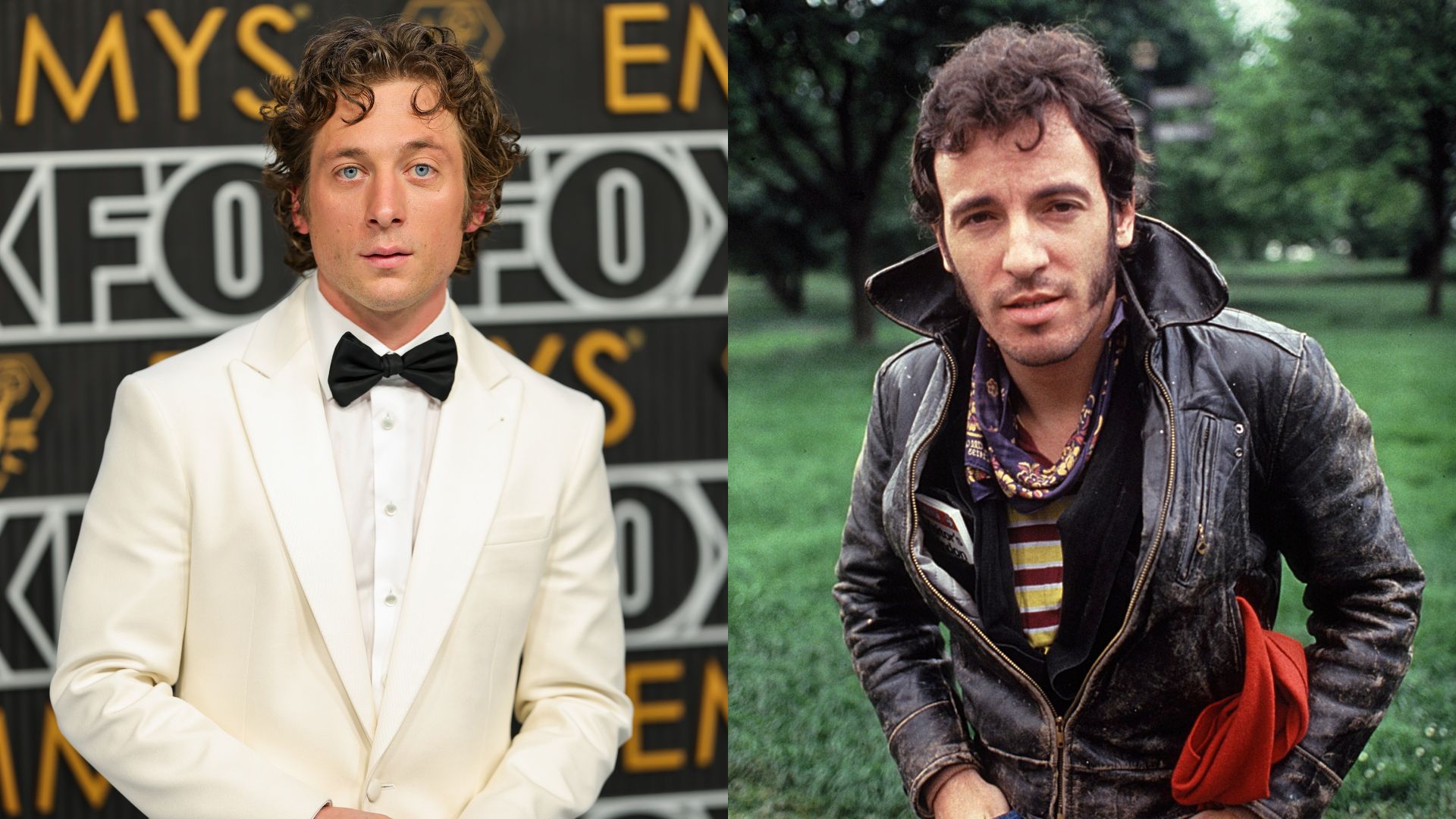 Jeremy Allen White (Foto: Neilson Barnard/Getty Images) e Bruce Springsteen em 1982 (Foto: Reprodução)