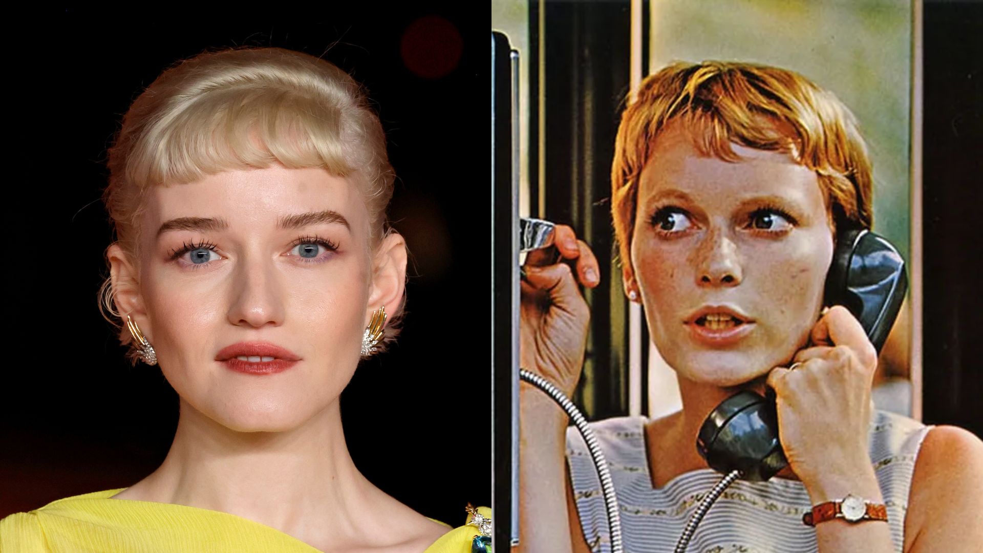 Julia Garner (Foto: Frazer Harrison/Getty Images) | Mia Farrow em 'O Bebê de Rosemary' (Foto: Reprodução)